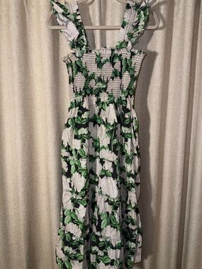 Hill House White and Green Floral Ruffle-Strap Dress